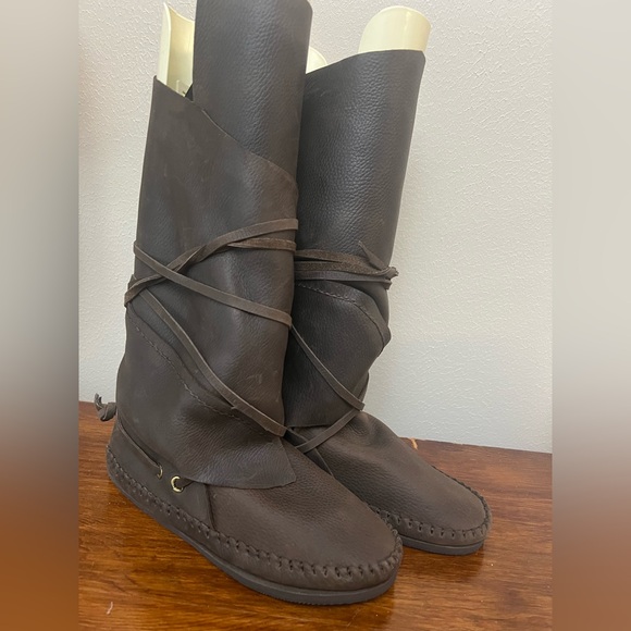 Handmade Brown Wrap Leather Elf Boots Minimalist Moccasin Knee High Boots 8.5 - Picture 5 of 13